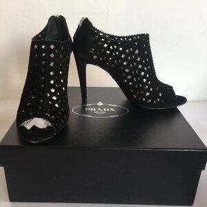 Prada Black Suede Laser Cut Bootie Heels sz 40